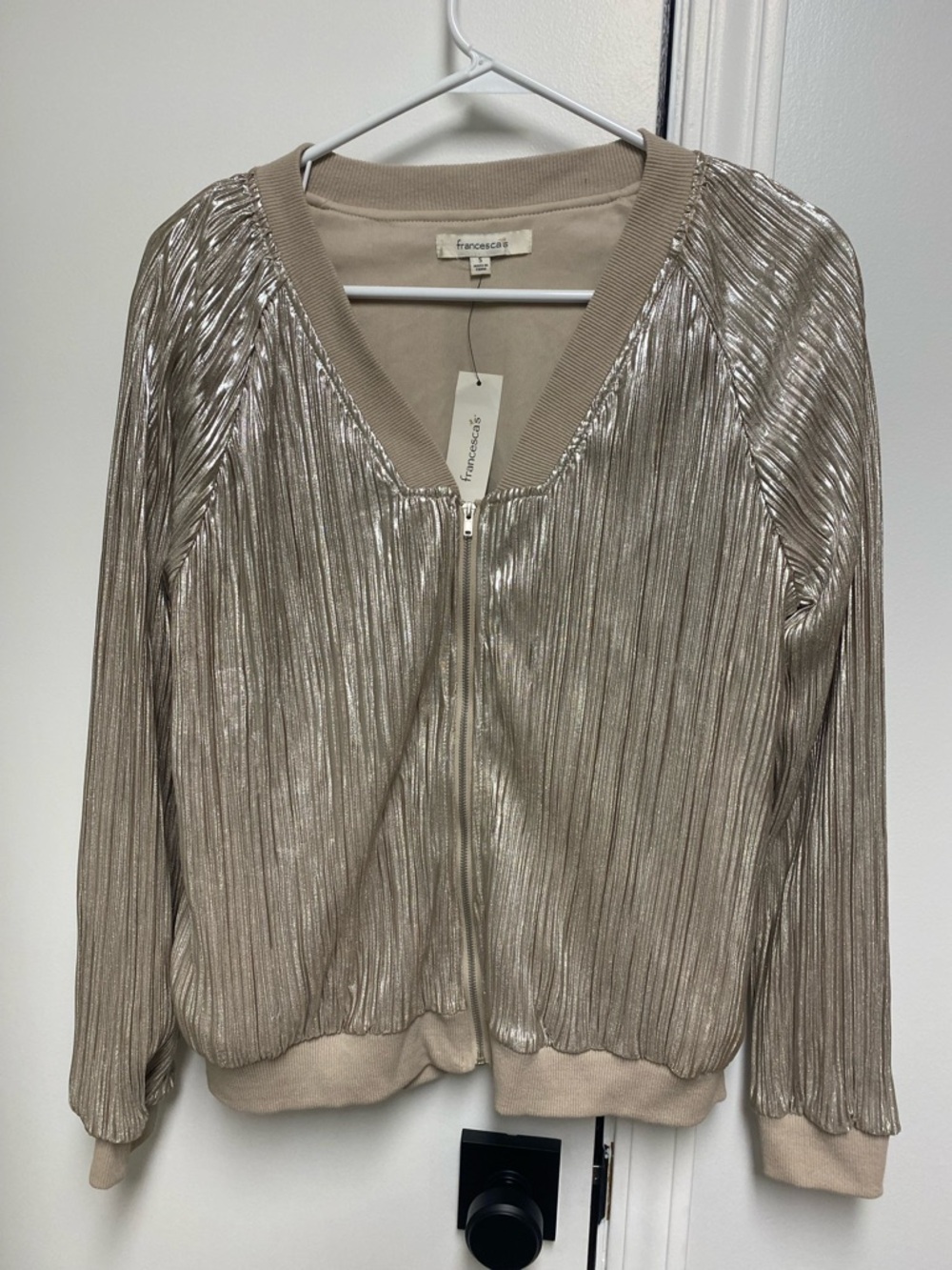 Francesca's Collections Metallic Pleated Bomber Jacket - Champagne Beige